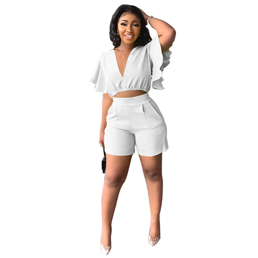Color-White-Ruffled Short V neck Top Casual Shorts Summer Two Piece Set-Fancey Boutique