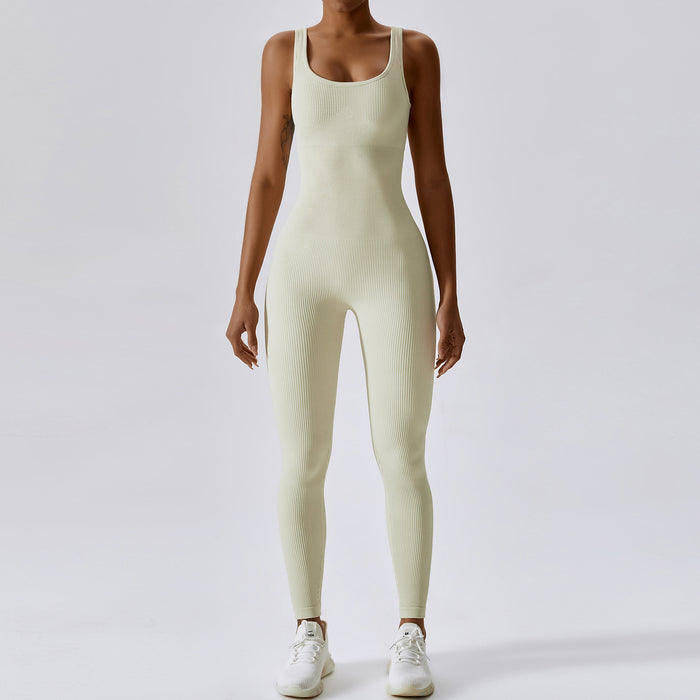 Color-Oat Milk-Spring Seamless Yoga Jumpsuit Dance Cinched Waist Slim Fit Sports Stretch Tight Jumpsuit-Fancey Boutique