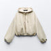 Color-Ivory-Preppy Loose Hooded Pleated Suede Texture Effect Short Jacket-Fancey Boutique