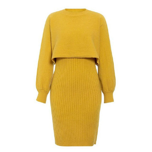 Color-Yellow-Sexy Knitted Dress Two Piece Set Autumn Winter Solid Color Long Sleeve Sweater Women-Fancey Boutique