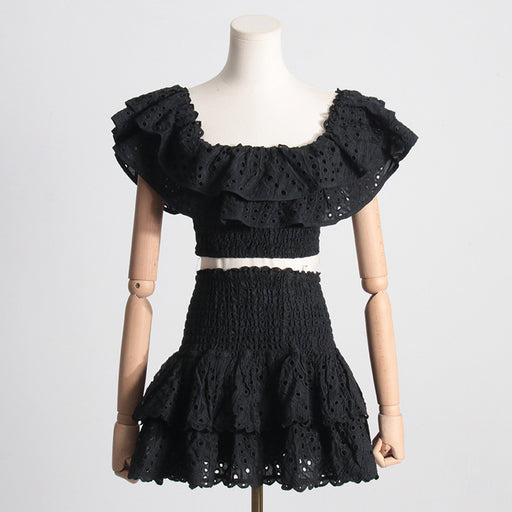 Color-Black-Summer French Wooden Ear Short Top High Waist Cake Layer Skirt Sexy Two Piece Suit Suit-Fancey Boutique