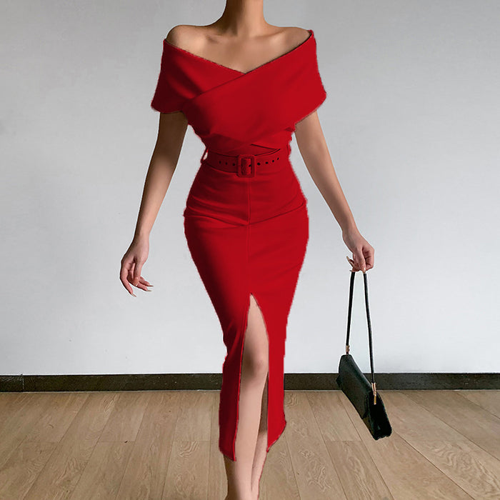 Color-Red-Spring Summer Elegant Graceful Office Minimalist Young off the Shoulder Belt Dress with Vents-Fancey Boutique