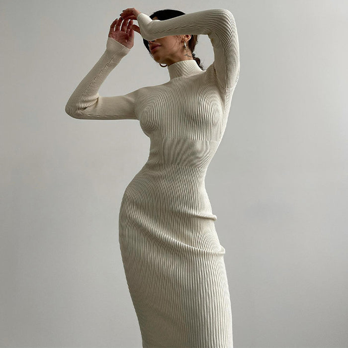 High Collar Mid Length Sunken Stripe Knitted Dress Women Solid Color Wool Tight Sexy Autumn Winter Dress-Fancey Boutique