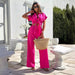 Women Clothing Solid Color Short Sleeve Trousers Set-Rose Red-Fancey Boutique