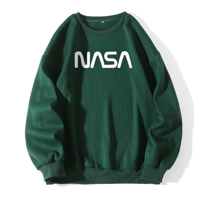 Color-Blackish Green-Fleece Lined Crew Neck Sweater Women NASA Letter Graphic Print Fresh Casual Pullover Round Neck Long Sleeves T Shirt-Fancey Boutique