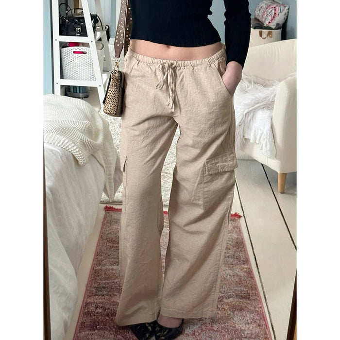 Retro Casual Working Pants Women Summer Multi Pocket Elastic Waist Design Straight Leg Pants Loose Wide Leg Linen Cotton Trousers-Fancey Boutique