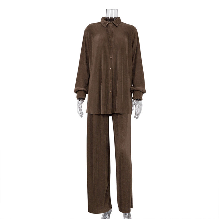 Color-Brown-Spring Pleated Casual Shirt Outfit Long-Sleeved Trousers High Waist Loose Drooping Women-Fancey Boutique