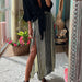 Color-Black-Casual Set Satin Top Striped Slit Skirt Sets-Fancey Boutique