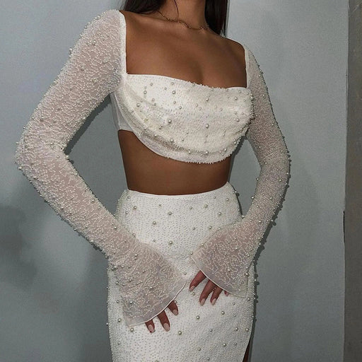 Color-White Coat-Sexy Nightclub Party Suit T shirt Women Beaded Slit Slim Fitting Sheath Skirt High Split-Fancey Boutique