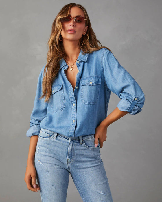 Color-Blue-Denim Shirt Autumn Casual Collared Single Breasted Women Long Sleeved Denim-Fancey Boutique