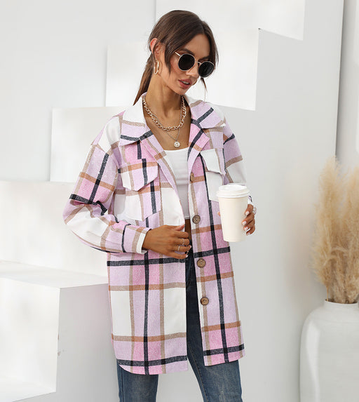 Color-Pink-Autumn Winter Women Clothing Plaid Long Collared Long Sleeve Coat-Fancey Boutique