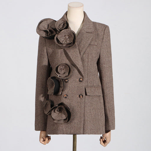 Autumn Office Handmade Three Dimensional Floral Decoration Stitching Double Breasted Women Blazer-Coffee-Fancey Boutique