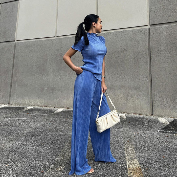 Spring Slimming T shirt High Waist Blue Pleated Wide Leg Pants Casual Women Clothing Fashion Suit-Fancey Boutique