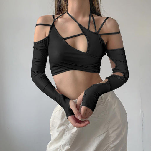 Color-Black-Summer Women's Solid Color Halterneck With Suspenders Cropped Backless Sleeves Women Top-Fancey Boutique