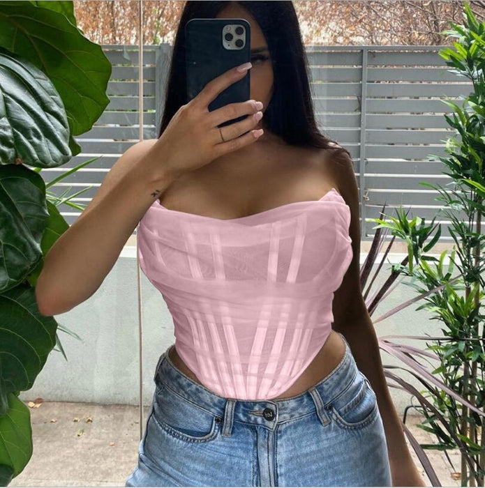 Color-Pink-Spring Summer Women Clothing Mesh Bra Vest Women Cropped Small Top Boning Corset Boning Corset Corset-Fancey Boutique