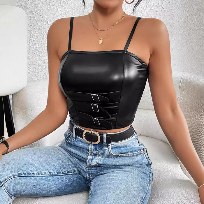 Sexy Bra Top Wrapped Chest Faux Leather Texture Women Vest Camisole-Fancey Boutique