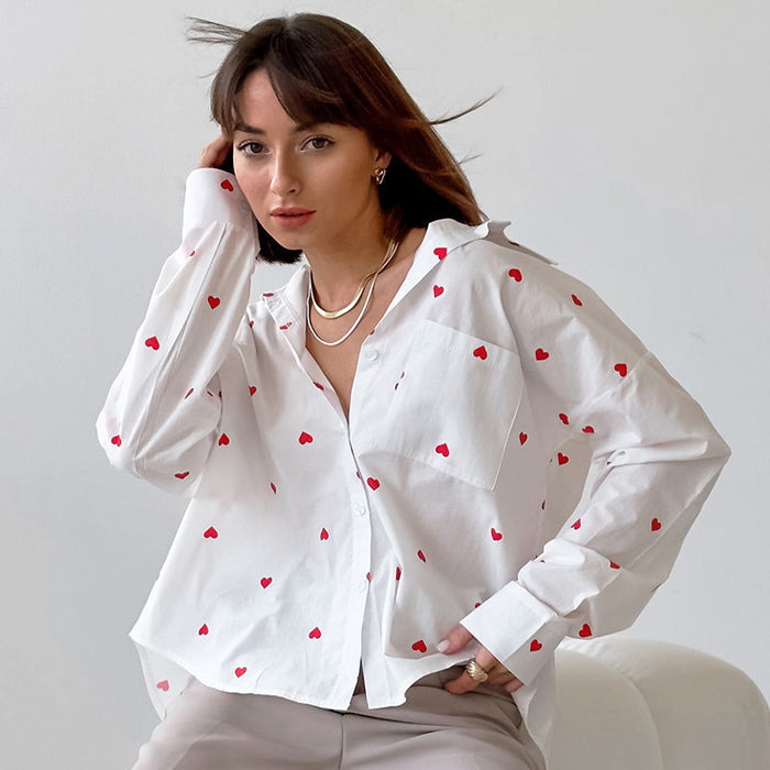 Heart Printing Cotton Linen Collared Women Shirt Spring Office Top-Fancey Boutique