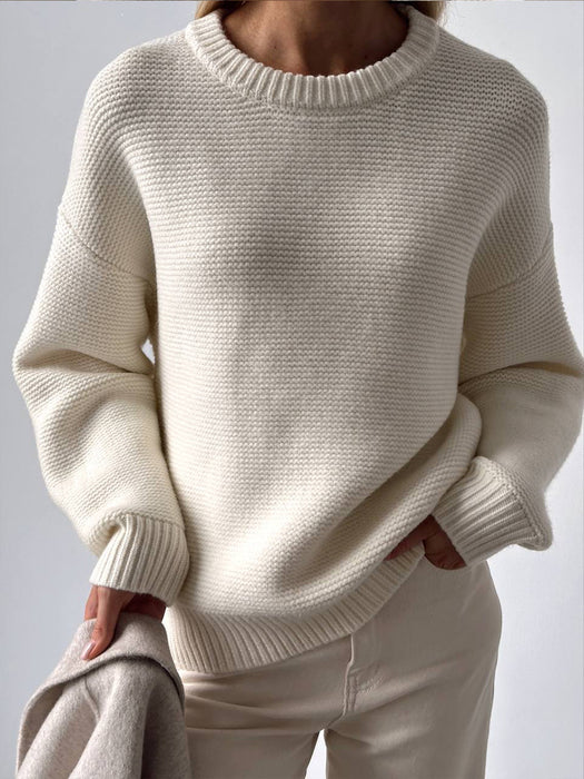 Round Neck Knitted Sweater Autumn Winter Simple Graceful Lazy Pullover White Round Neck Sweater-White-Fancey Boutique