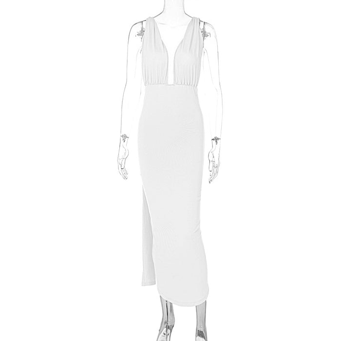 Color-White-Women Clothing Summer Sexy Deep V Plunge neck Backless Fold Split Dress-Fancey Boutique