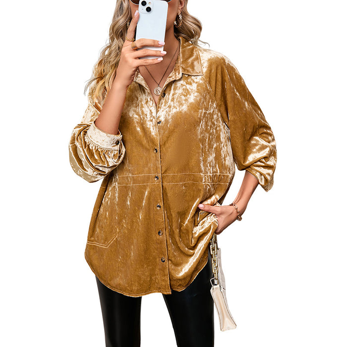 Color-Gold-Fall Solid Color Buttons Long-Sleeved Shirt for Women Loose Slim Fit Velvet Shirt for Women-Fancey Boutique