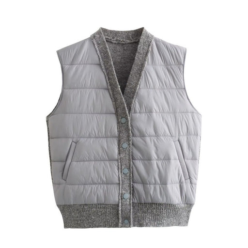 Color-Gray-Fall Women Clothing Quilted V neck Patchwork Sleeveless Waistcoat Vest-Fancey Boutique