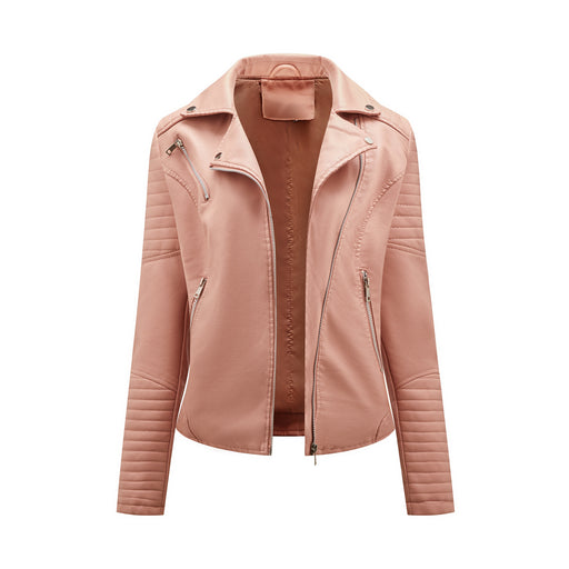 Color-Pink-Short Spring Autumn Leather Women European Size Slim Collared Motorcycle Clothing Oblique Zipper Jacket Women Coat-Fancey Boutique