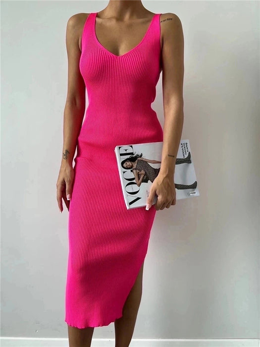 Sleeveless Knitted Mid Length Tight Summer V neck Split Elegant Dress for Women-Coral Red-Fancey Boutique