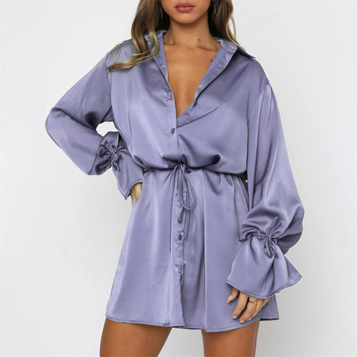 Color-Sexy Elegant Satin Flared Long Sleeve Lace up Loose Dress-Fancey Boutique