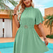 Color-Light Green-Summer Women Clothing Solid Color Half Collar Short Sleeve Belt Casual Dress-Fancey Boutique