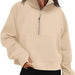 Color-Ivory-Women Clothing Half Zipper Short Stand Collar Thumb Hole Brushed Hoody-Fancey Boutique