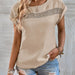 Color-Khaki-Women Clothing Summer Casual Solid Color Stitching Lace Hollow Out Cutout Out Short Sleeve Top Women-Fancey Boutique