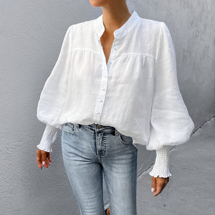 French Small Stand Collar Puff Sleeve Cotton Linen Women Shirt Spring Tops-White-Fancey Boutique