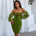 Color-Spring Women Clothing Bandage Dress Green Sexy Hollow Out Cutout Word Collar Puff Sleeve Dress-Fancey Boutique