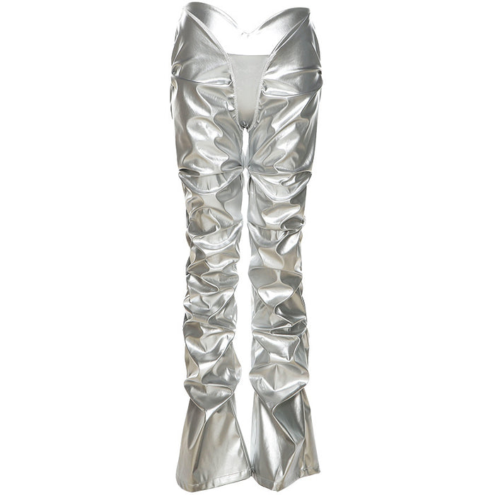 Color-Silver-Metallic Coated Fabric Fall Women Clothing Pleated Poly Urethane Leather Sexy Low Waist Street Straight Casual Trousers-Fancey Boutique