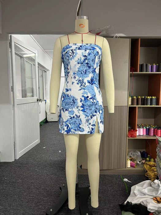 Color-Blue Flower-Floral Print Tube Top Dress Sexy Sexy Hip Bag Side Slit Short Dress-Fancey Boutique