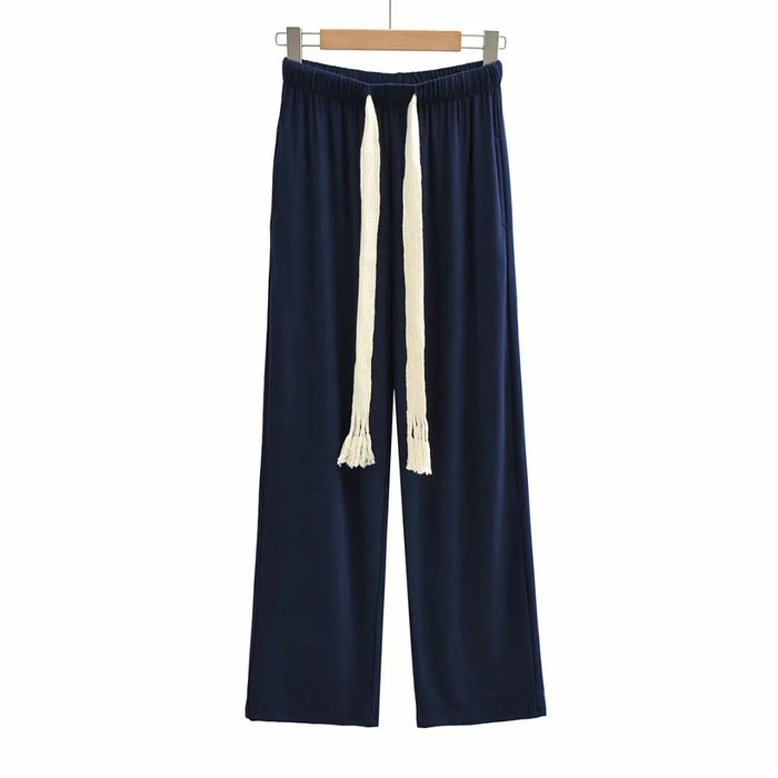 Color-purplish blue-Urban Casual Simple Long Wide-Leg Pants Early Autumn Women Casual Trousers Elastic Waist Drawstring Walking Pants-Fancey Boutique