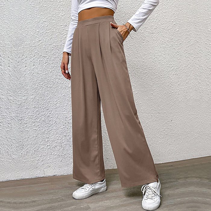 Fall Women Clothing Solid Color Rib Fabric Casual Wide Leg Pants-Khaki-Fancey Boutique