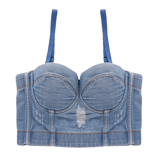 Ripped Denim Camisole Outer Wear Short Sexy Cropped Boning Corset Tube Top Underwear Free DJ Sexy Top-Denim Blue-Fancey Boutique