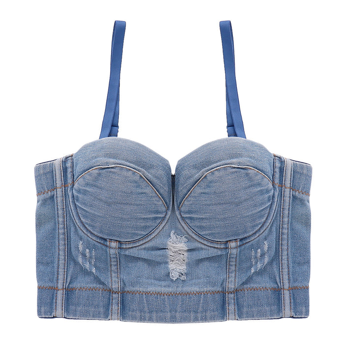 Ripped Denim Camisole Outer Wear Short Sexy Cropped Boning Corset Tube Top Underwear Free DJ Sexy Top-Denim Blue-Fancey Boutique