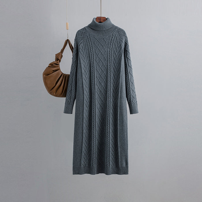 Color-Gray-Heaps Collar Twist Woolen Women Autumn Winter Thick Loose Mid Length Over The Knee Knitted Dress-Fancey Boutique