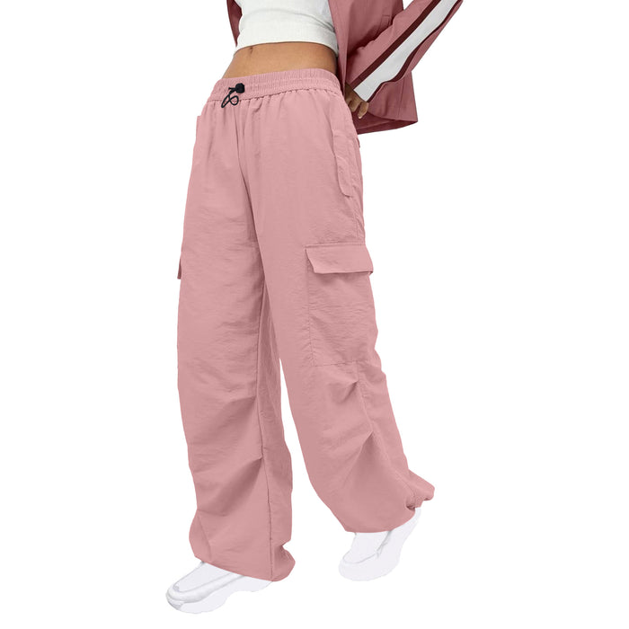 Color-Pink-Women Clothing Solid Color Nylon Multi Pocket Loose Cargo Pants-Fancey Boutique
