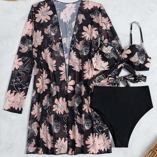 Color-Black-Bikini Three Piece Suit Mesh Floral Print Beach Swimsuit Split Swimsuit Women Beach Cover Up Crisscross-Fancey Boutique