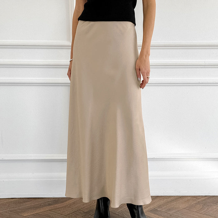 Imitation Acetate Satin Khaki A Swing High Waist Casual Skirt Autumn Long Skirt for Women-Fancey Boutique