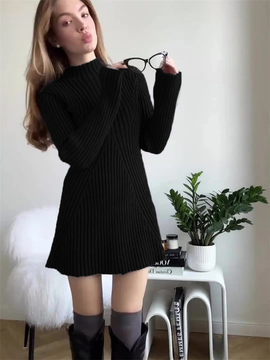 Long Sleeve Skinny Knit Dress Women Half Turtleneck Base Narrow Solid Color Short Temperamental Fall Winter Sweater Dress-Black-Fancey Boutique