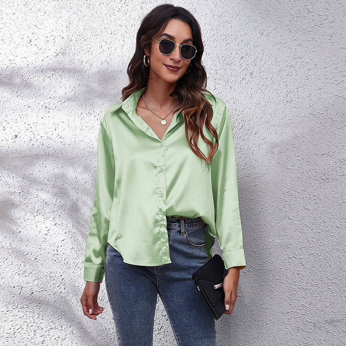 Color-Light Green-Popular Satin Shirt Women Artificial Silk Long Sleeve Shirt Autumn Women Clothing-Fancey Boutique