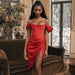 Women Clothing Sexy Bodycon Party Card Shoulder Tube Top Slim Fit Slit Solid Color Dress-Red-Fancey Boutique