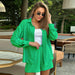 Color-Green-Women Long Sleeved Shirt Spring Autumn Shorts Solid Color Elastic Waist Loose Two Piece Set-Fancey Boutique
