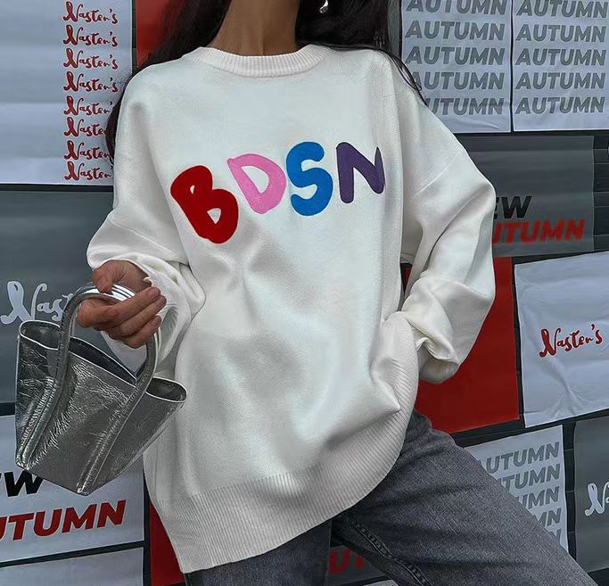 Color-White-Autumn Winter Contrast Color Letter Graphic Print Round Neck Loose Casual Sweater-Fancey Boutique