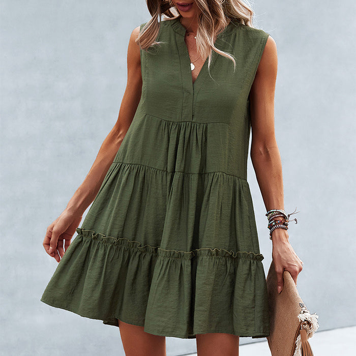 Color-Army Green-Summer V neck Sexy Solid Color Dress Irregular Asymmetric Stitching Sleeveless Office Large Swing Dress for Women-Fancey Boutique