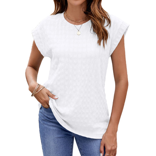 Spring Summer Solid Color Jacquard Loose Fitting round Neck Short Sleeve T shirt Top Women-White-Fancey Boutique